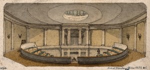 view The London Institution, Moorfields: the interior of the lecture theatre. Watercolour by R. B. Schnebbelie, 1820.