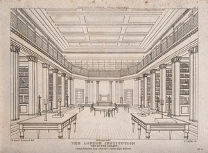 view The London Institution: the interior of the library. Engraving by J. Carter after H. Ansted, 1824.