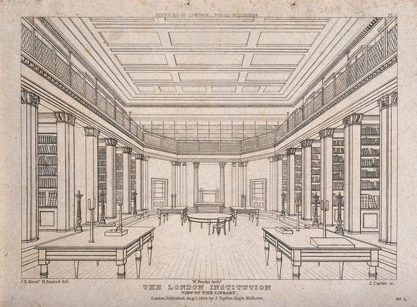 The London Institution: the interior of the library. Engraving by J. Carter after H. Ansted, 1824.