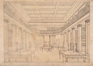 view The London Institution: the interior of the library. Drawing by H. Ansted, 1824.