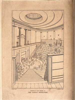 view The London Institution, Moorfields: the interior of the lecture theatre, a demonstration in progress. Engraving by G. Gladwin after B. Dixie.