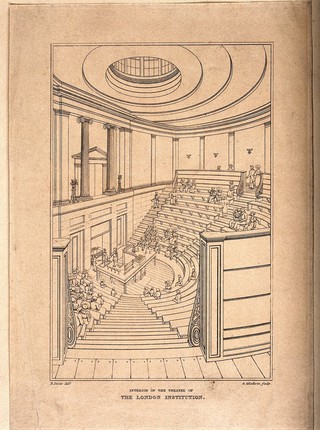 The London Institution, Moorfields: the interior of the lecture theatre, a demonstration in progress. Engraving by G. Gladwin after B. Dixie.