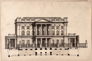 view The London Institution, Moorfields, London: the façade and a part plan of the area and railings. Drawing attributed to R. B. Schnebbelie, 1819.