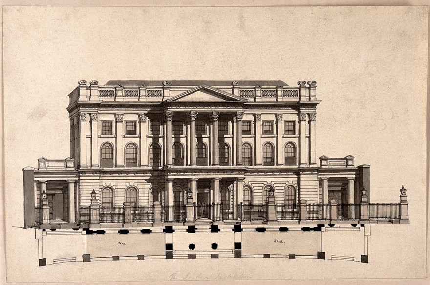 The London Institution, Moorfields, London: the façade and a part plan of the area and railings. Drawing attributed to R. B. Schnebbelie, 1819.