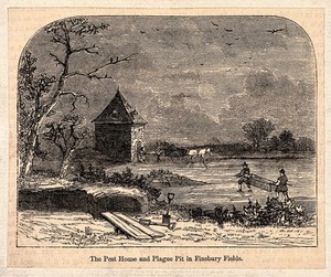 view The pest house and plague pit, Moorfields, London. Wood engraving.