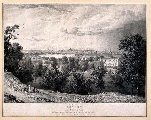 Greenwich, with London in the distance. Lithograph by or after W. Westall, 1826.