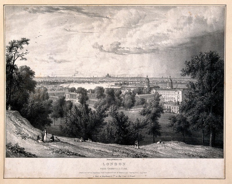 Greenwich, with London in the distance. Lithograph by or after W. Westall, 1826., August 1826, by William Westall