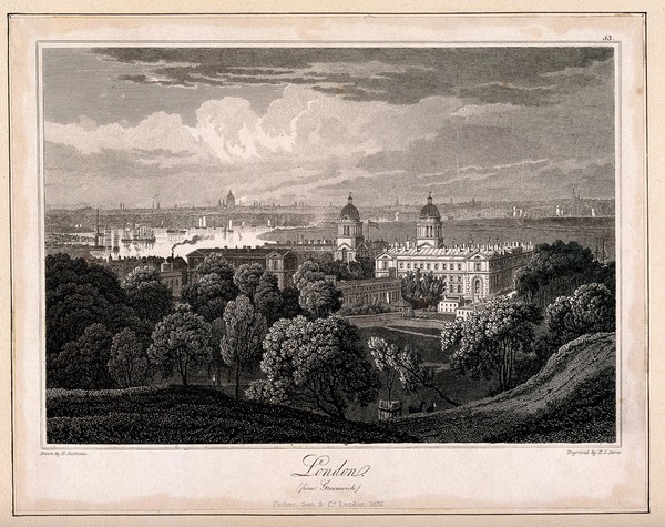 Greenwich, with London in the distance. Lithograph after W. Westall, 1826.