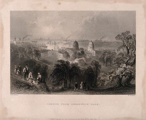view Greenwich, with people in the foreground, London in the distance. Engraving.