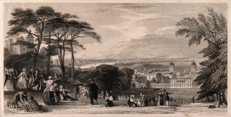 Greenwich Hill, with many visitors, London in the distance. Engraving by T. A. Prior., 1826, by Thomas Abiel Prior