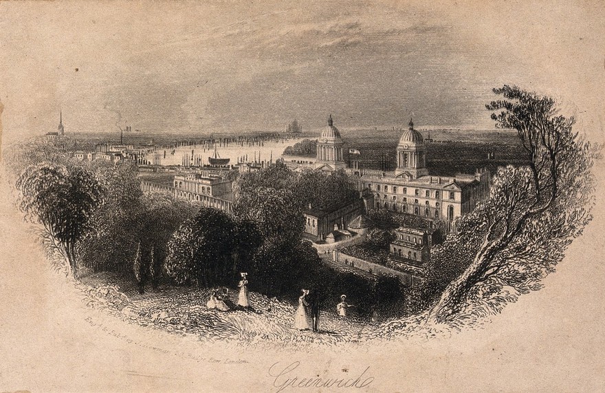 Greenwich, with London in the distance. Vignette etching by J. Newman.