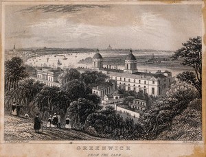 view Greenwich, with London in the distance. Engraving by H. Bond after T. H. Shepherd.
