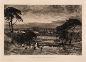 view Greenwich, with people in the foreground, London in the distance. Photo-lithograph by Dawsons after H. Dawson.