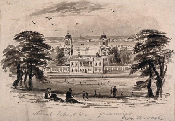 The Queen's House and Naval Hospital from Greenwich Hill with people in the foreground, London in the far distance. Ink sketch.