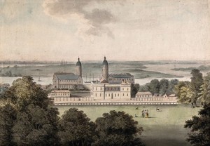view The Royal Naval Hospital and the Queen's House, Greenwich, the Isle of Dogs beyond. Watercolour attributed to G. Samuel.