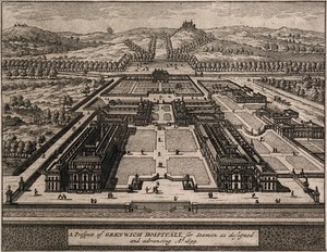 view Royal Naval Hospital, Greenwich. Engraving, 1699.