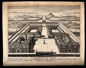 view Royal Naval Hospital, Greenwich: with the statue of King George II in place. Engraving.