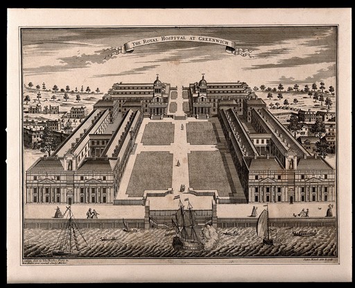 Royal Naval Hospital, Greenwich, with ships in the foreground. Engraving by Sutton Nicholls after himself, 1728.