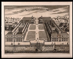 view Royal Naval Hospital, Greenwich, with ships in the foreground. Engraving by Sutton Nicholls after himself, 1728.