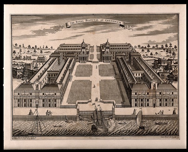 Royal Naval Hospital, Greenwich, with ships in the foreground. Engraving by Sutton Nicholls after himself, 1728.