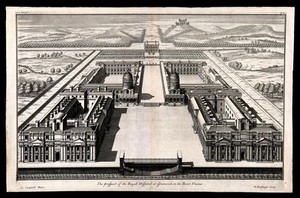 view Royal Naval Hospital, Greenwich. Engraving by H. Hulsbergh after C. Campbell, 1715.