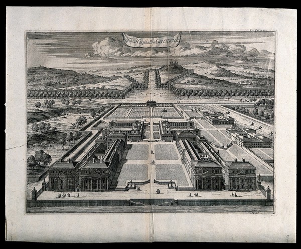 Royal Naval Hospital, Greenwich. Engraving by J. Kip, 1720.