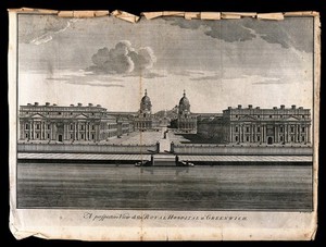 view Royal Hospital, Greenwich, with the statue of George II in the courtyard. Engraving by B. Cole.