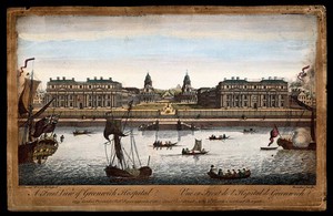 view Royal Naval Hospital, Greenwich, with ships and rowing boats in the foreground. Coloured engraving by T. Bowles, 1753.