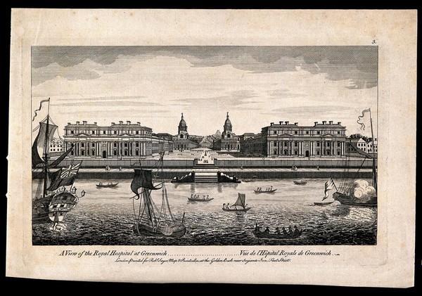 Royal Naval Hospital, Greenwich, with ships and rowing boats in the foreground. Engraving by T. Bowles, 1753.