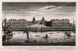 view Royal Naval Hospital, Greenwich, with ships and rowing boats in the foreground. Engraving by Millam, 1823, after T. Bowles, 1753.