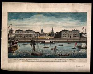 view Royal Naval Hospital, Greenwich, with ships and rowing boats in the foreground. Coloured engraving by T. Bowles, 1753.