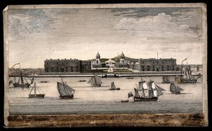 view Royal Naval Hospital, Greenwich: ships and rowing boats in the foreground, many small houses either side. Coloured engraving by St. Torres, 1745, after T. Bonsot.