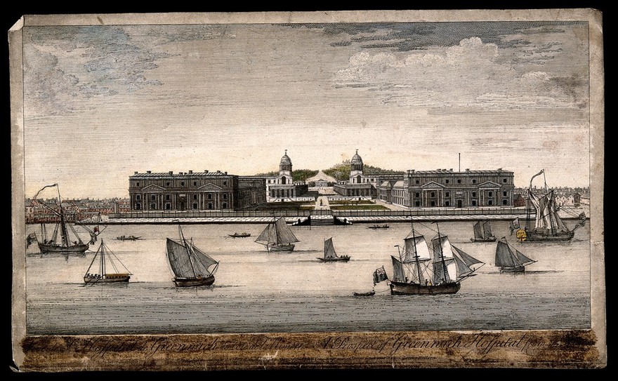 Royal Naval Hospital, Greenwich: ships and rowing boats in the foreground, many small houses either side. Coloured engraving by St. Torres, 1745, after T. Bonsot.