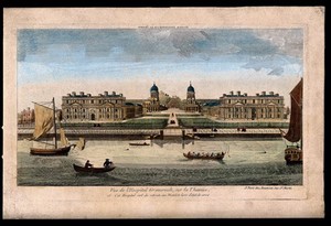 view Royal Naval Hospital, Greenwich, with ships and rowing boats in the foreground. Coloured engraving after T. Bowles, 1753.