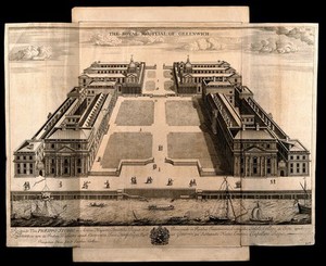 view Royal Naval Hospital, Greenwich, with many people walking beside the river, and much shipping on it. Engraving by J. Collins.