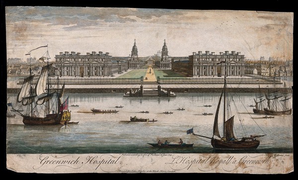 Royal Naval Hospital, Greenwich, with houses either side, ships and rowing boats in the foreground. Coloured engraving by T. Bowles, 1745.