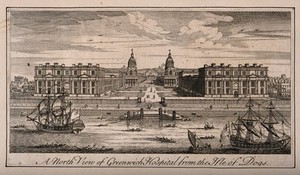 view Royal Hospital, Greenwich, with many small houses either side and ships in the foreground. Engraving.