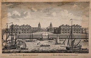 view Royal Naval Hospital, Greenwich, with ships and rowing boats in the foreground. Engraving by T. Bowles, 1753.