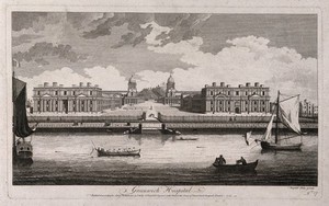 view Royal Naval Hospital, Greenwich, with ships and rowing boats in the foreground, small houses either side. Engraving by J. Boydell after himself, 1753.