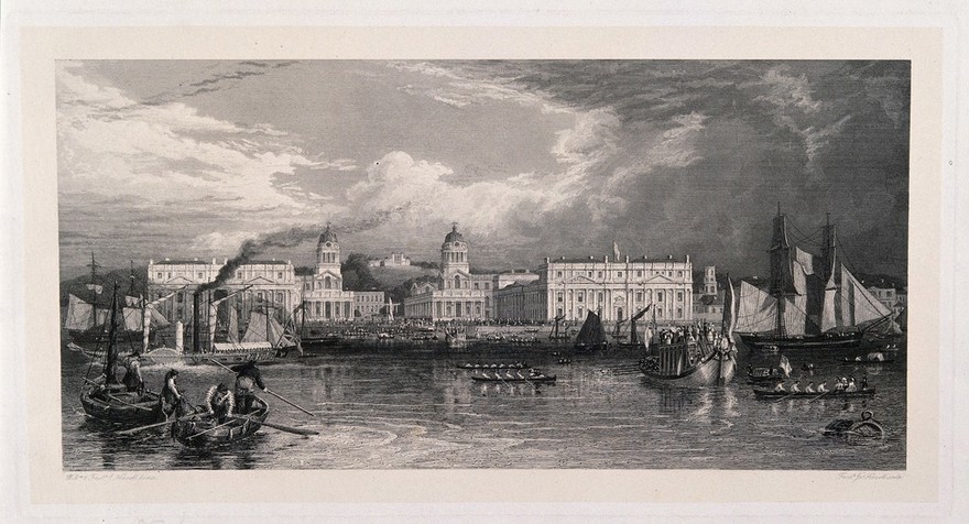 Royal Naval Hospital, Greenwich, with ships and rowing boats in the foreground, a ceremony in progress. Engraving by F. J. Havell after himself, and W. Havell.