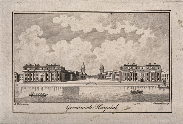 Royal Naval Hospital, Greenwich, with a ship and rowing boats in the foreground. Engraving by T. Simpson, 1766, after S. Wale, 1753.