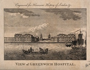 view Royal Naval Hospital, Greenwich: ships and rowing boats in the foreground. Engraving, 1775, after T. Bowles, 1753.