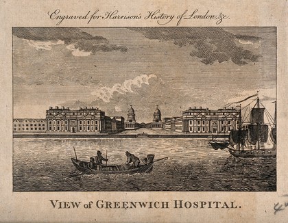 Royal Naval Hospital, Greenwich: ships and rowing boats in the foreground. Engraving, 1775, after T. Bowles, 1753.
