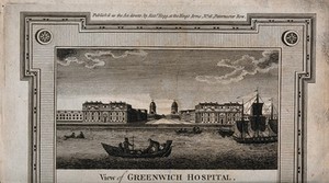 view Royal Naval Hospital, Greenwich, with ships and rowing boats in the foreground. Engraving.