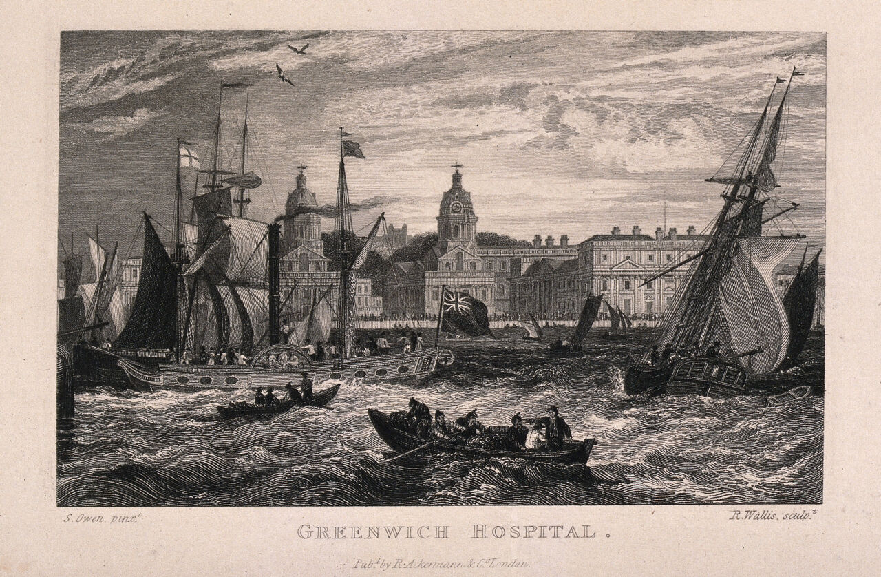 Royal Naval Hospital, Greenwich, with ships and rowing boats in the foreground, a windy day, a rough tide running. Engraving by R. Wallis after S. Owen., by Samuel Owen