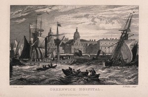 view Royal Naval Hospital, Greenwich, with ships and rowing boats in the foreground, a windy day, a rough tide running. Engraving by R. Wallis after S. Owen.