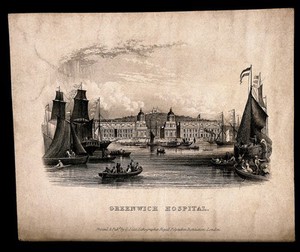 view Royal Naval Hospital, Greenwich, with ships and rowing boats in the foreground. Engraving by G. J. Cox, after himself [?].