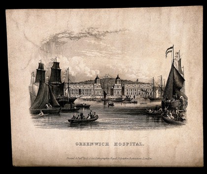 Royal Naval Hospital, Greenwich, with ships and rowing boats in the foreground. Engraving by G. J. Cox, after himself [?].