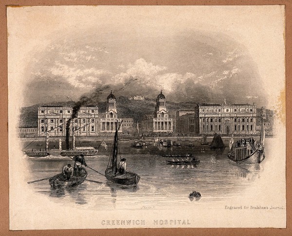Royal Naval Hospital, Greenwich, with ships and rowing boats in the foreground. Engraving by W. Sharpe after W. and F. J. Havell.