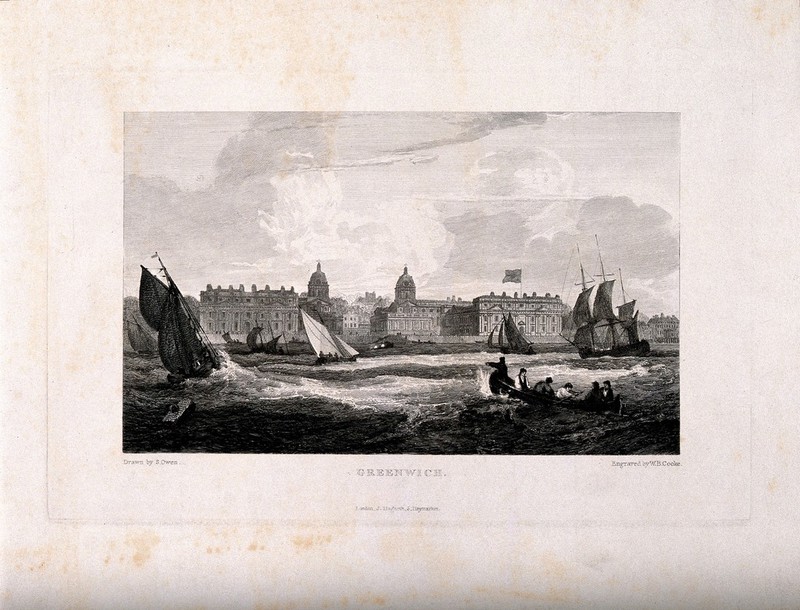 Royal Naval Hospital, Greenwich, seen from the Isle of Dogs, with ships and rowing boats in the foreground, a windy day, a rough tide running. Engraving by W. B. Cooke after S. Owen., by Samuel Owen